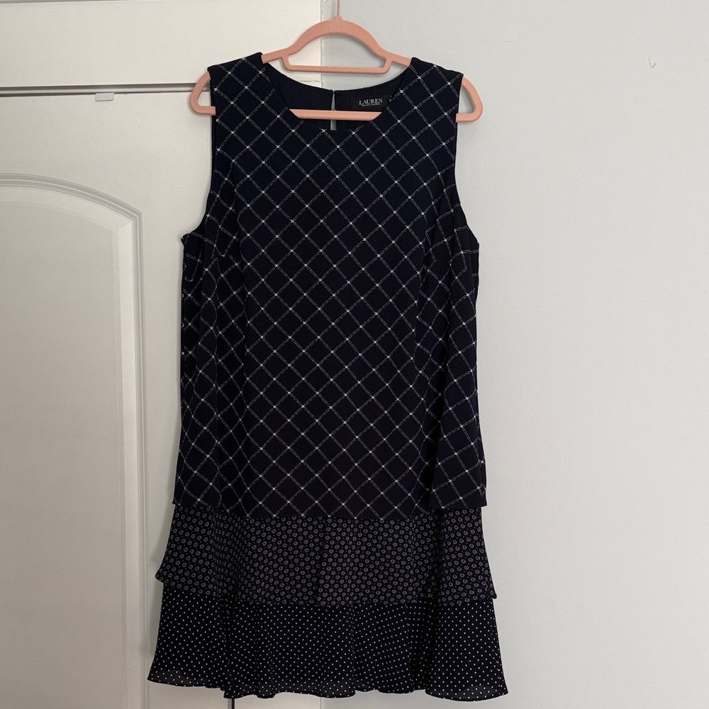 Lauren by Ralph Lauren Navy and White Tiered Sleeveless Dress